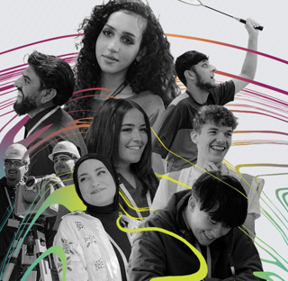 Group of students ranging in gender and ethnicity with colour swirls surrounding them.